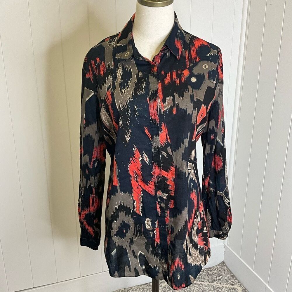 Tahari Womens Medium Button Front Shirt Black Red Geo Print Long Sleeves Cotton